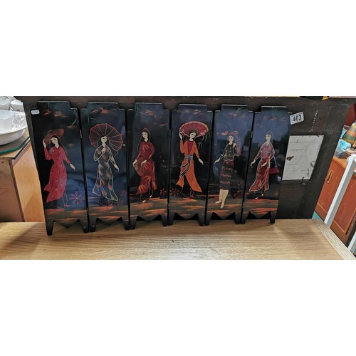 463 - Vintage hand painted black lacquered Japanese miniature table top screen devider with intricately pa... 