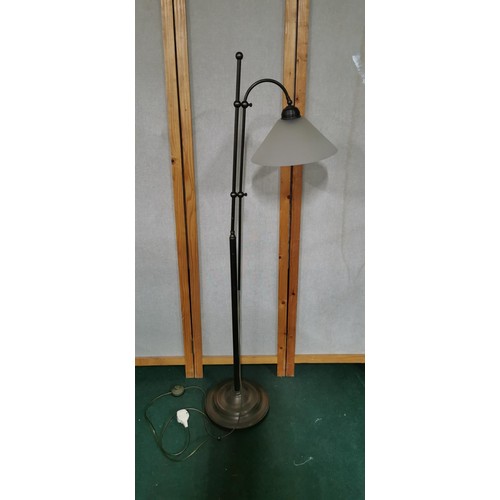 468 - Modern reproduction of an antique industrial floor standing lamp with white frosted glass cone shape... 