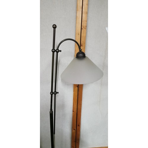 468 - Modern reproduction of an antique industrial floor standing lamp with white frosted glass cone shape... 