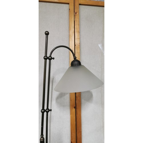 468 - Modern reproduction of an antique industrial floor standing lamp with white frosted glass cone shape... 