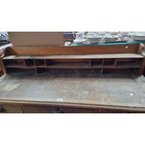 411 - Good antique edwardian knee hole desk with 6 drawers and 1 door featuring good art nouveau copper bu... 