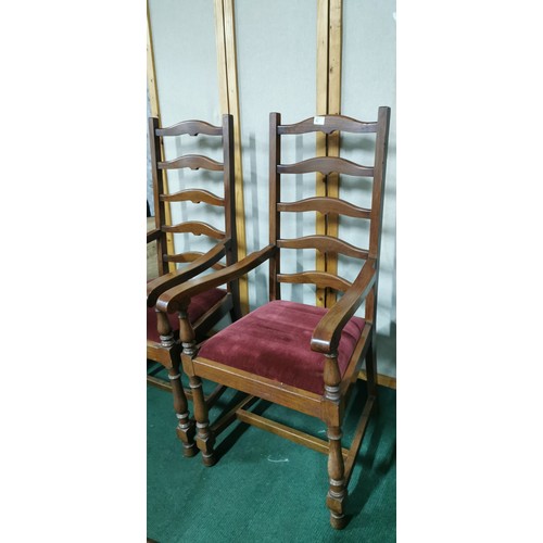 471 - Pair of vintage oak tall ladder back Carver chairs with red upholstered seats and good carved design... 