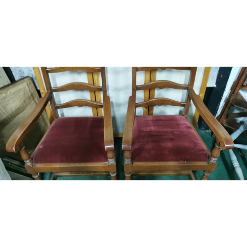 471 - Pair of vintage oak tall ladder back Carver chairs with red upholstered seats and good carved design... 