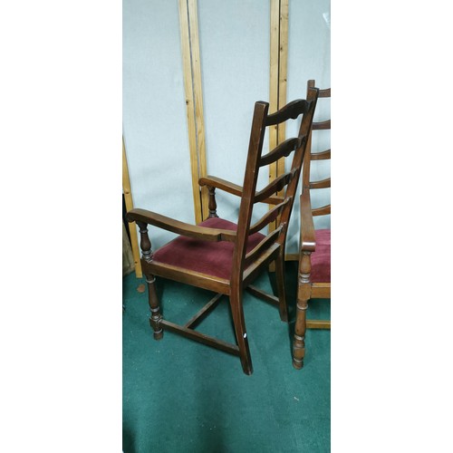 471 - Pair of vintage oak tall ladder back Carver chairs with red upholstered seats and good carved design... 