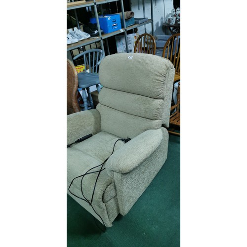 473 - Light brown Sherborne electric fully reclining chair with remote and power supply in very good condi... 