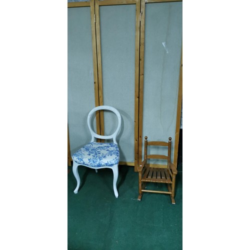 475 - White painted vintage baloon back chair with blue and white upholstery along with a childs rocking c... 