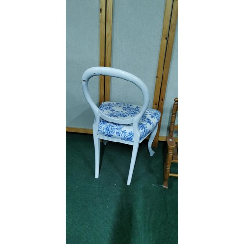 475 - White painted vintage baloon back chair with blue and white upholstery along with a childs rocking c... 