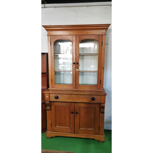 485 - Good quality antique victorian solid pine dresser with a two door glazed top revealing three shelves... 