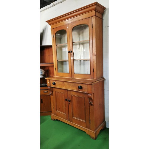 485 - Good quality antique victorian solid pine dresser with a two door glazed top revealing three shelves... 