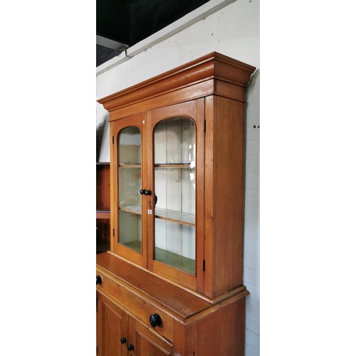 485 - Good quality antique victorian solid pine dresser with a two door glazed top revealing three shelves... 