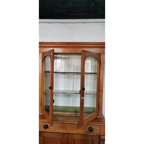 485 - Good quality antique victorian solid pine dresser with a two door glazed top revealing three shelves... 