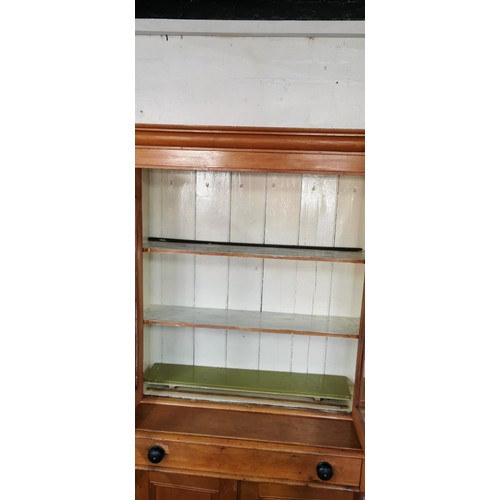 485 - Good quality antique victorian solid pine dresser with a two door glazed top revealing three shelves... 