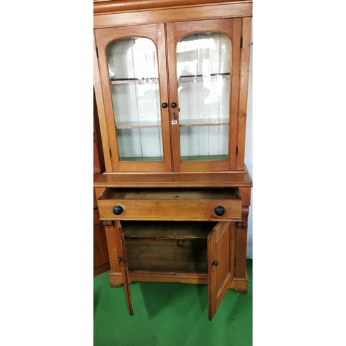 485 - Good quality antique victorian solid pine dresser with a two door glazed top revealing three shelves... 