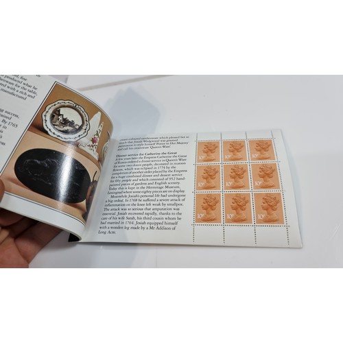 408 - 5x complete books of vintage british stamps inc a £3 book of stamps and the story of wedgwood, a 50p... 