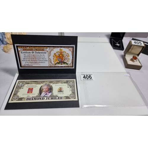 406 - Limited edition Diamond Jubilee 60th anniversary commemorative bank note with its COA in mint condit... 