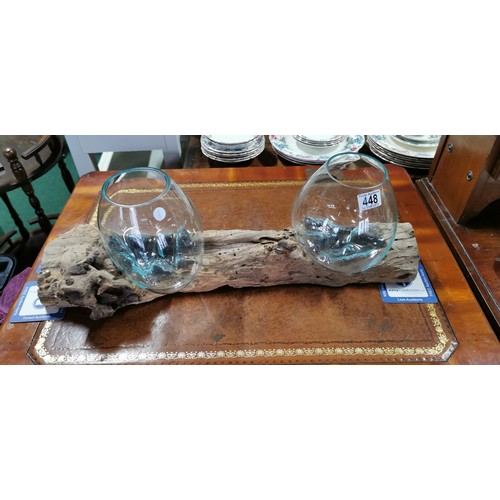 448 - Driftwood log table centre piece with 2x glass vases melted into the shape of the log in good overal... 