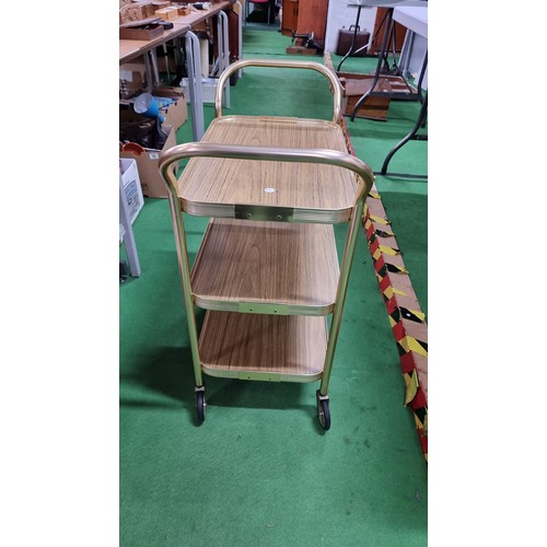 501 - Vintage Woodmet 3 tray trolley in brass & wood set on castors, in excellent clean condition.