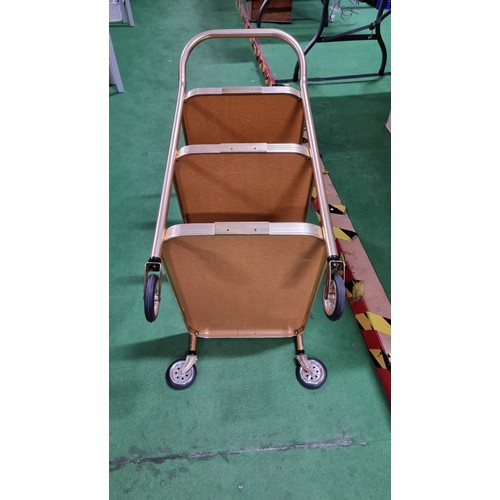 501 - Vintage Woodmet 3 tray trolley in brass & wood set on castors, in excellent clean condition.