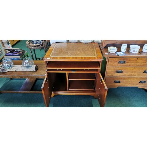 495B - Brown leather topped writing / organiser desk with wire tidy at the back and faux doors, drawer to t... 