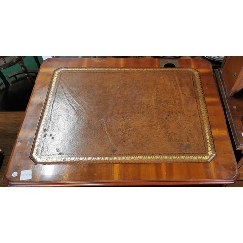 495B - Brown leather topped writing / organiser desk with wire tidy at the back and faux doors, drawer to t... 