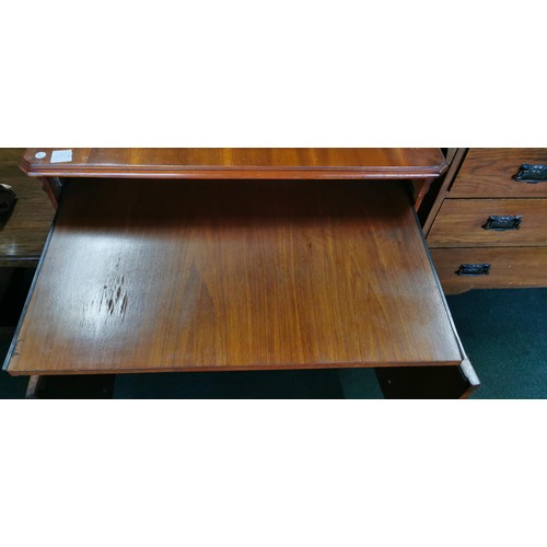 495B - Brown leather topped writing / organiser desk with wire tidy at the back and faux doors, drawer to t... 