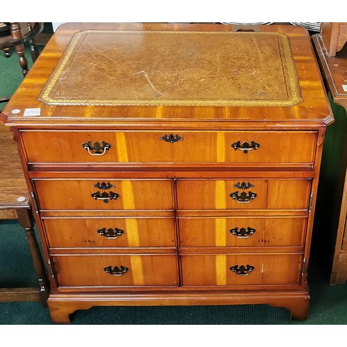 495B - Brown leather topped writing / organiser desk with wire tidy at the back and faux doors, drawer to t... 