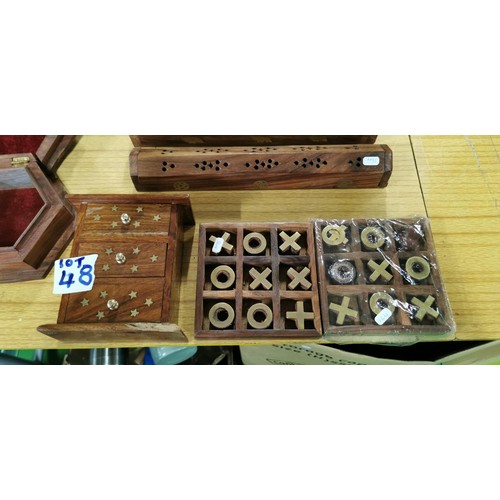 48 - Quantity of hand carved wooden items with brass inlay inc 4x carved incense boxes, Naughts and Cross... 