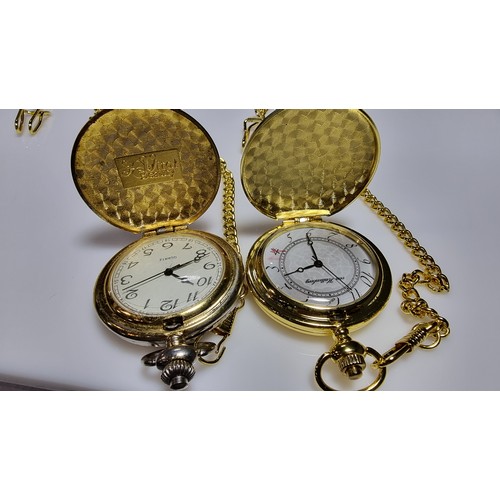 334 - 2x gold tone pocket watches and chains both with their original boxes one is new and unused with cel... 