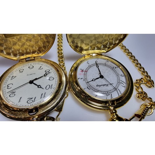 334 - 2x gold tone pocket watches and chains both with their original boxes one is new and unused with cel... 