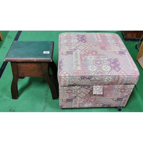 482 - Moroccan design upholstered cushioned foot stool revealing storage inside. Along with a small wooden... 