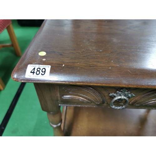 489 - Two drawer Priory side table with good quality carving throughout. Measures 66.5cm height, 67cm leng... 