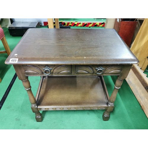 489 - Two drawer Priory side table with good quality carving throughout. Measures 66.5cm height, 67cm leng... 