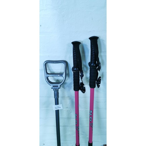 43A - 2x pink aluminium walking / hiking sticks along with a vintage shooting stick by Featherwate.