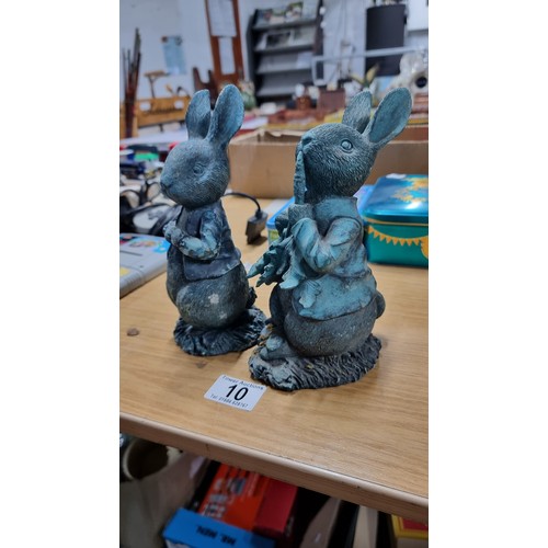 10 - Pair of Peter rabbit garden figures in good order with a height of 19cm width 10cm depth 12cm