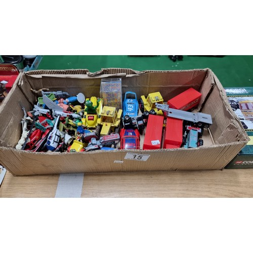 15 - Box full of various diecast vehicles inc planes, trucks, fram trucks etc with various names Cogi Mat... 