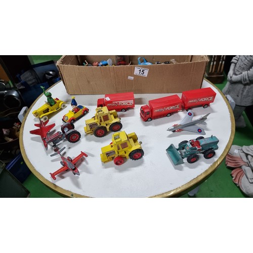 15 - Box full of various diecast vehicles inc planes, trucks, fram trucks etc with various names Cogi Mat... 