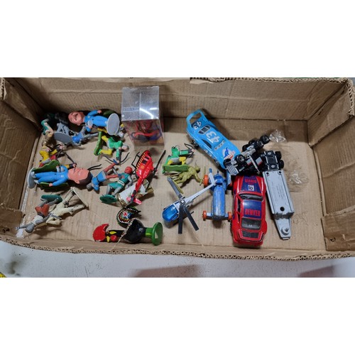 15 - Box full of various diecast vehicles inc planes, trucks, fram trucks etc with various names Cogi Mat... 