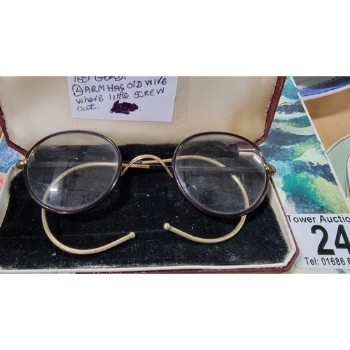 24 - Drawered box containing 2x pairs of antique cased spectacles one pair is gold filled marked algha 20... 