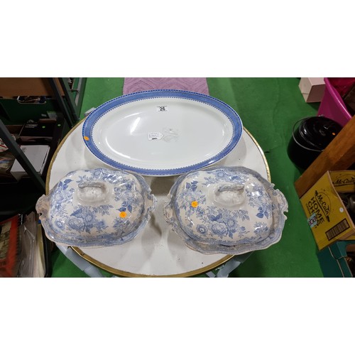 26 - Pair of matching antique blue and white lidded tureens along with a large vintage platter by burslem... 