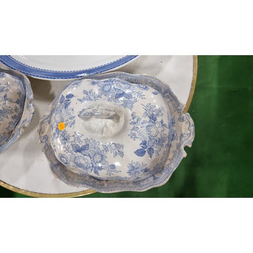 26 - Pair of matching antique blue and white lidded tureens along with a large vintage platter by burslem... 