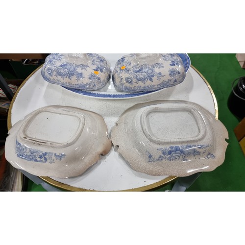 26 - Pair of matching antique blue and white lidded tureens along with a large vintage platter by burslem... 