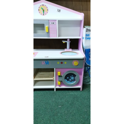 128 - Childs wooden kitchen play unit complete with boxed Crivit Kids camping chair
70cm high  62cm wide a... 