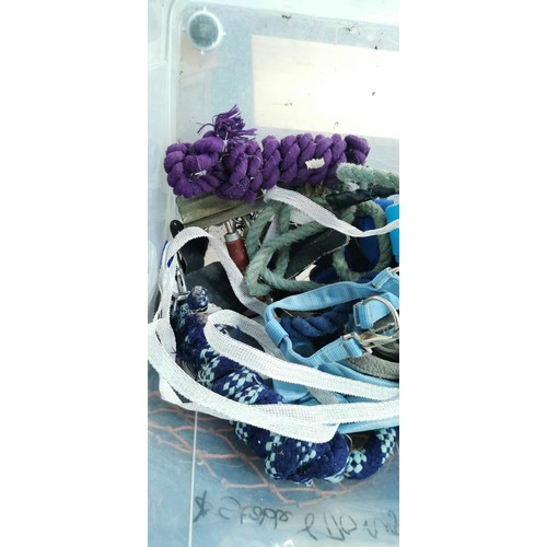 132 - Large box with electric fence tape, bridal parts,stirrup treads, reins,head collars, lead reins, hay... 