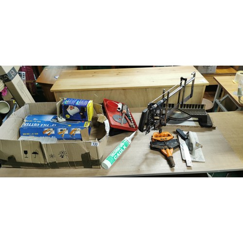 133 - Box of tool odds including mitre saw