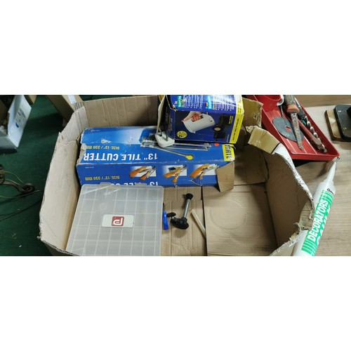 133 - Box of tool odds including mitre saw