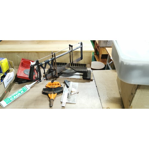 133 - Box of tool odds including mitre saw