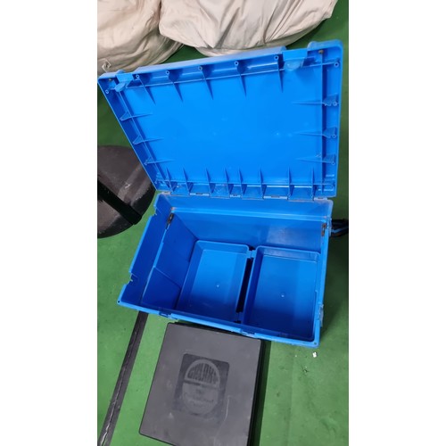 54 - Shakespeare blue large fishing tackle box with to sorting trays to the base along with a black galax... 