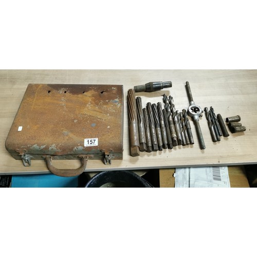 157 - Metal case containing a quantity of screw reamers a die and oversized drill bits, all in good order.