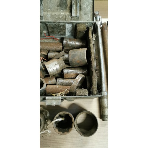 161 - Ammo box containg a large socket set sizes compatible with lorries and tractors, with a large bilsto... 