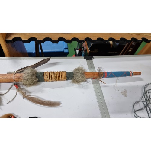 55 - 3x unusual native indian items inc a long wooden peace pipe with fur and feather decoration an ornat... 